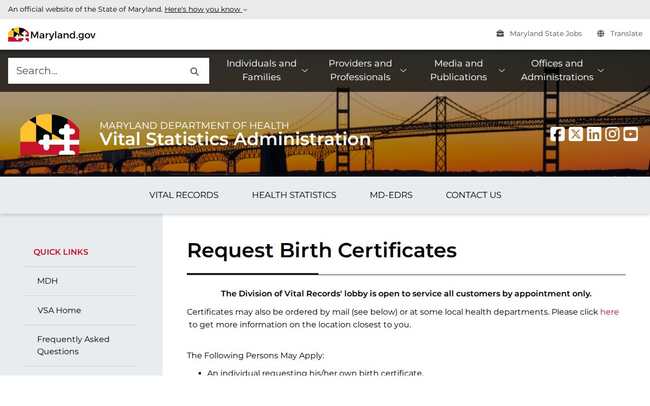 Edgewood public records guidance on a Maryland birth certificate request