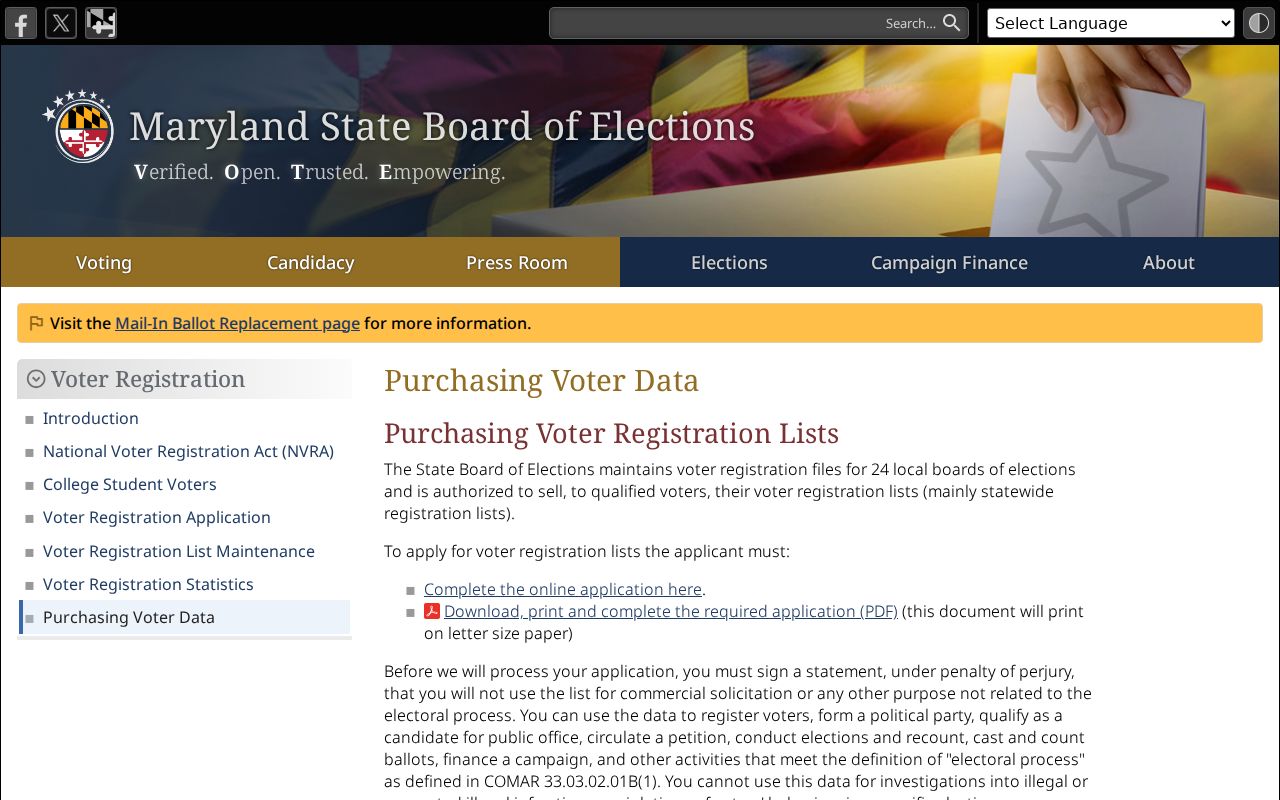 Maryland voter registration records data access rules
